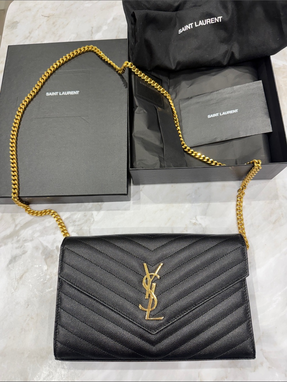 Saint Laurent Black Quilted Leather Chain Crossbody with Gold YSL Logo - Picture 2 of 8